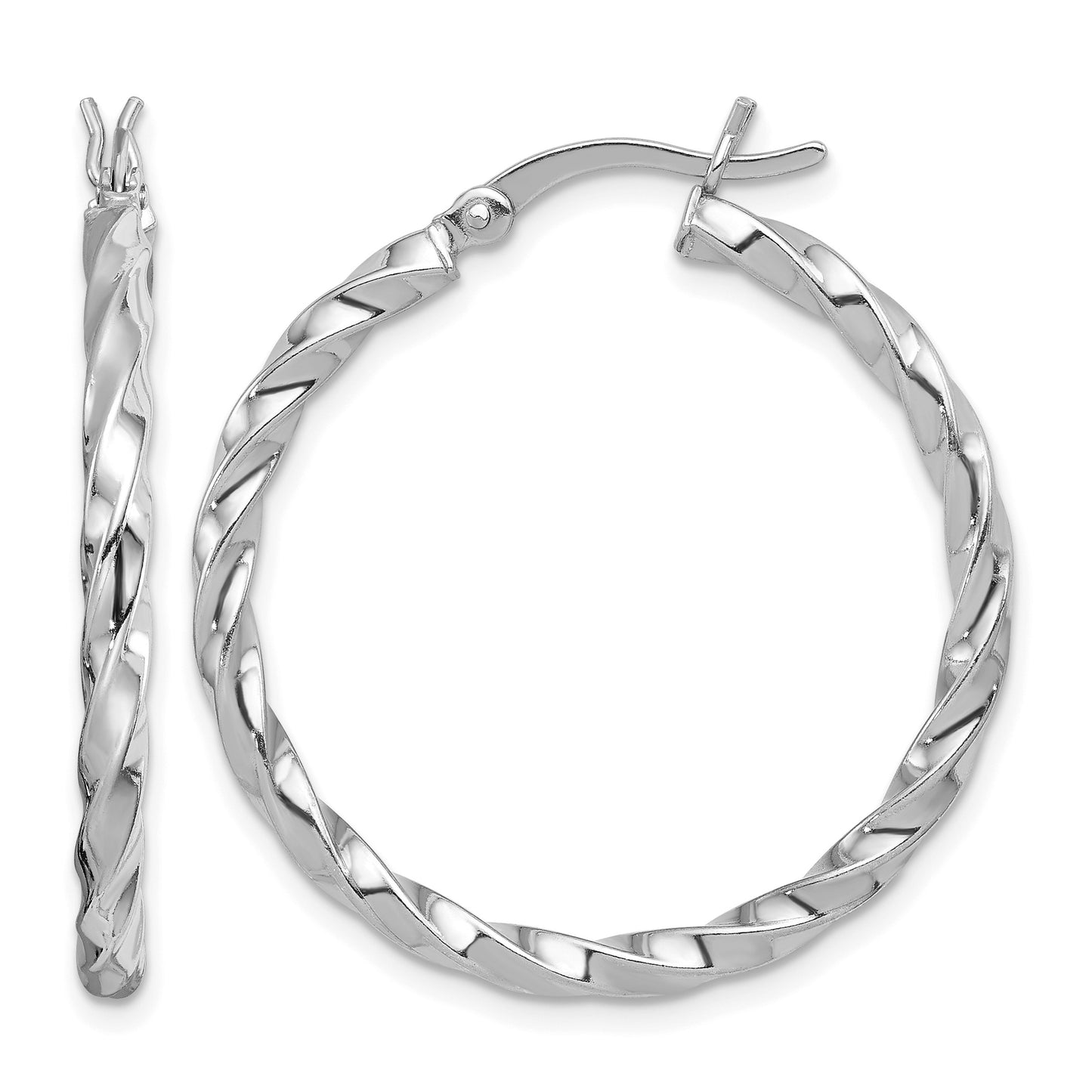 Sterling Silver Rhodium-plated Twisted 3x30mm Hoop Earrings