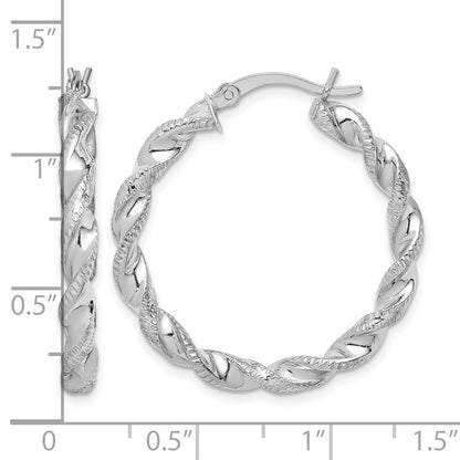 Sterling Silver Rhodium Plated Twisted 3.5x30mm Hoop Earrings
