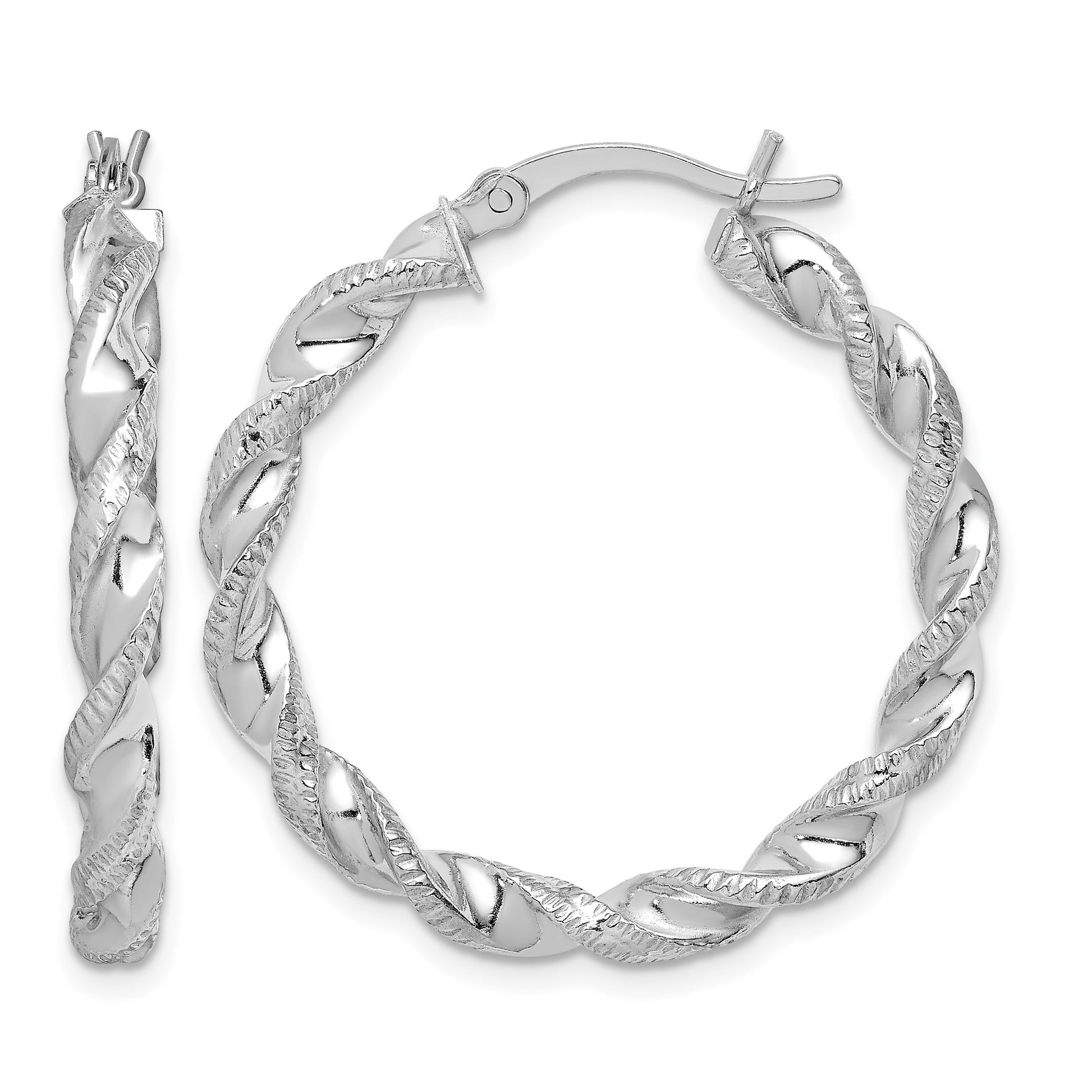 Sterling Silver Rhodium Plated Twisted 3.5x30mm Hoop Earrings