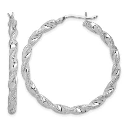 Sterling Silver Rhodium Plated Twisted 3.5x40mm Hoop Earrings