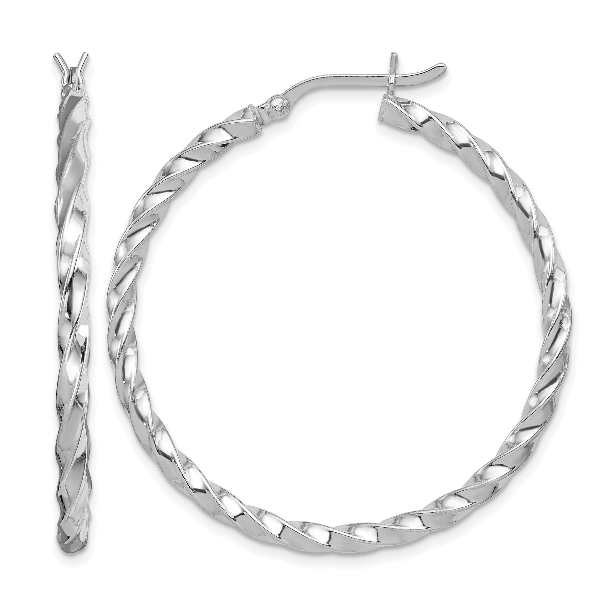 Sterling Silver Rhodium-plated Twisted 3x40mm Hoop Earrings