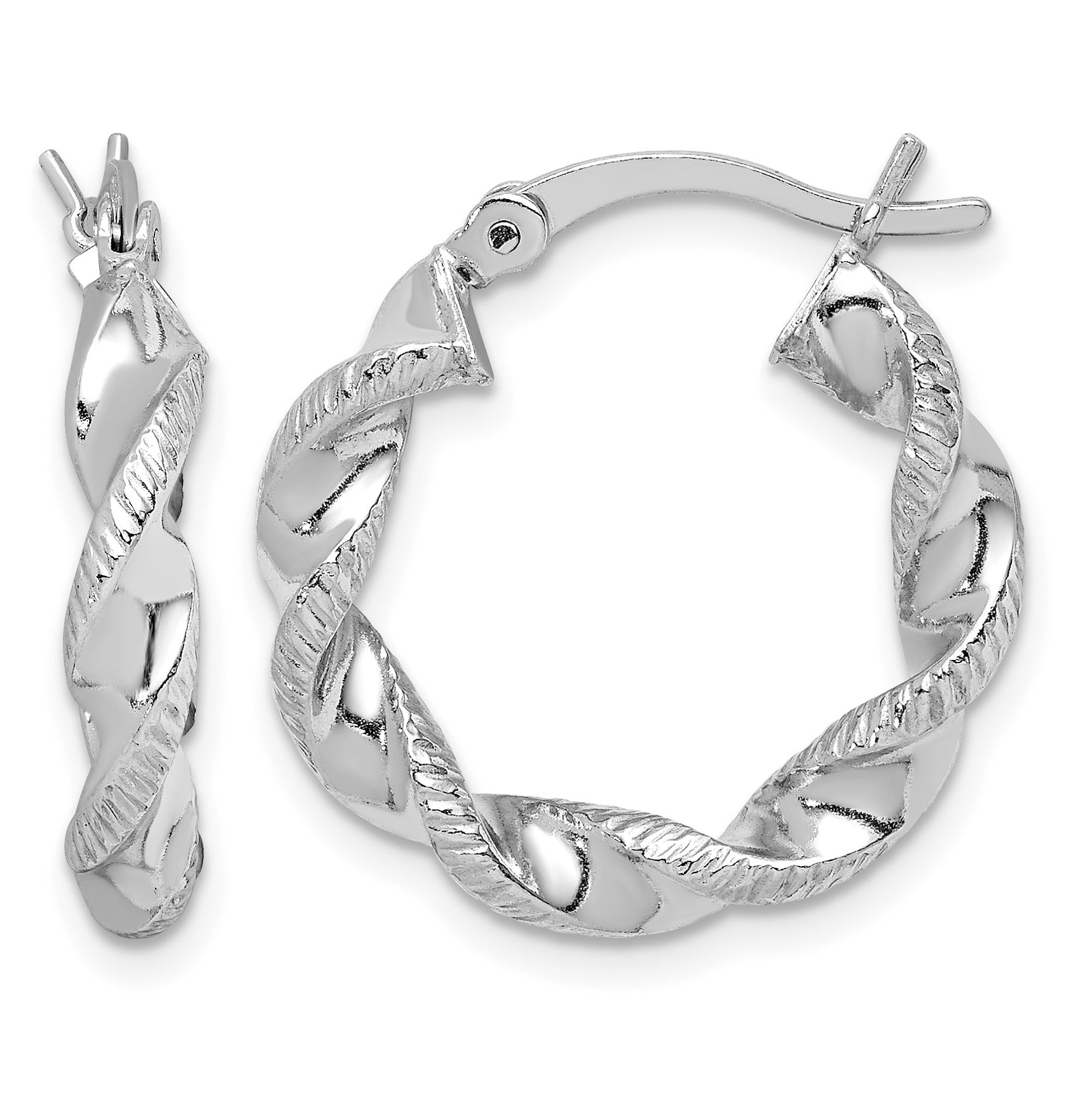 Sterling Silver Rhodium Plated Twisted 3.5x20mm Hoop Earrings