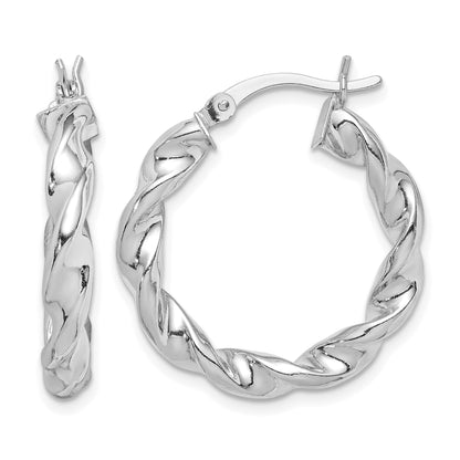 Sterling Silver Rhodium Plated Twisted 3.5x25mm Hoop Earrings
