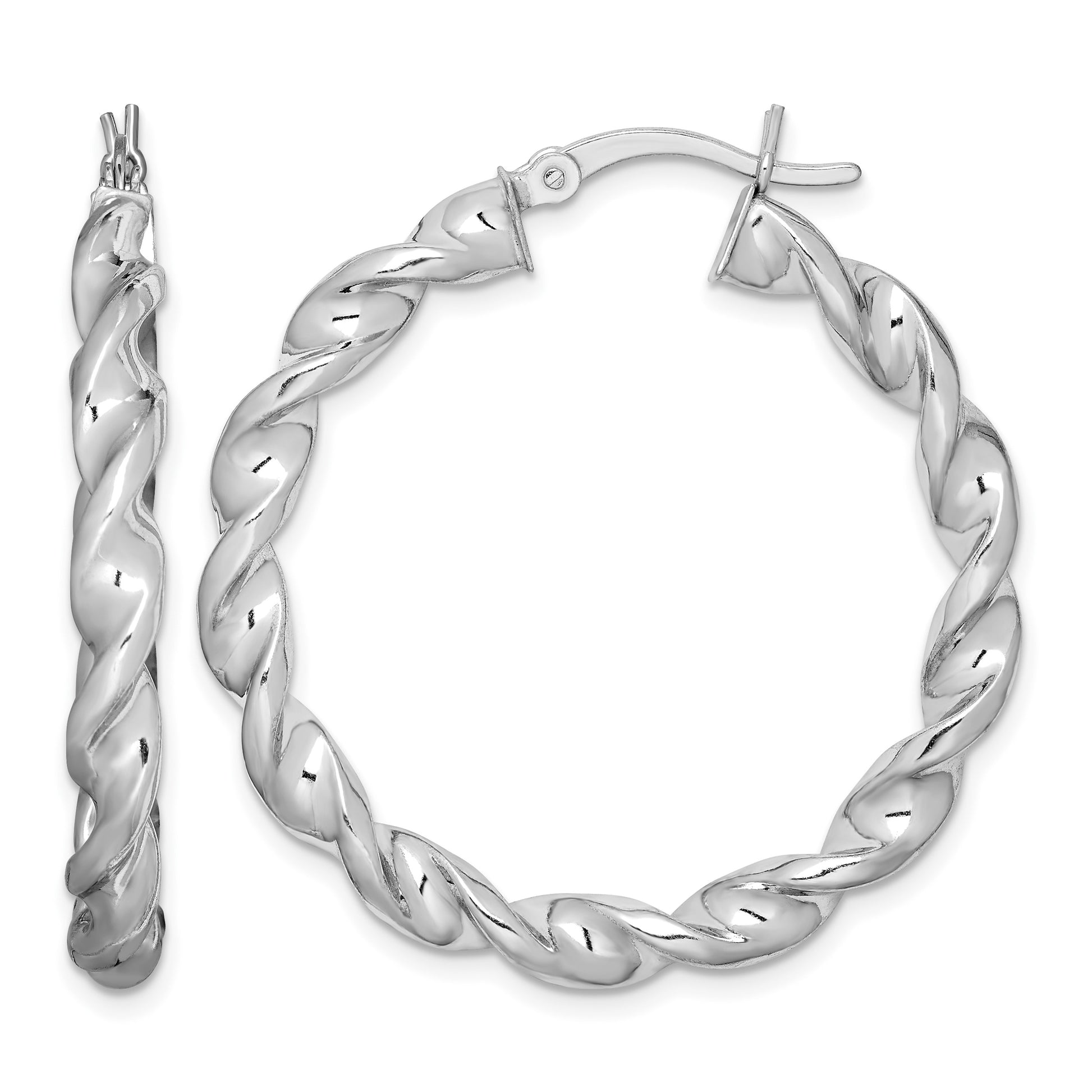 Sterling Silver Rhodium Plated Twisted 3.5x35mm Hoop Earrings