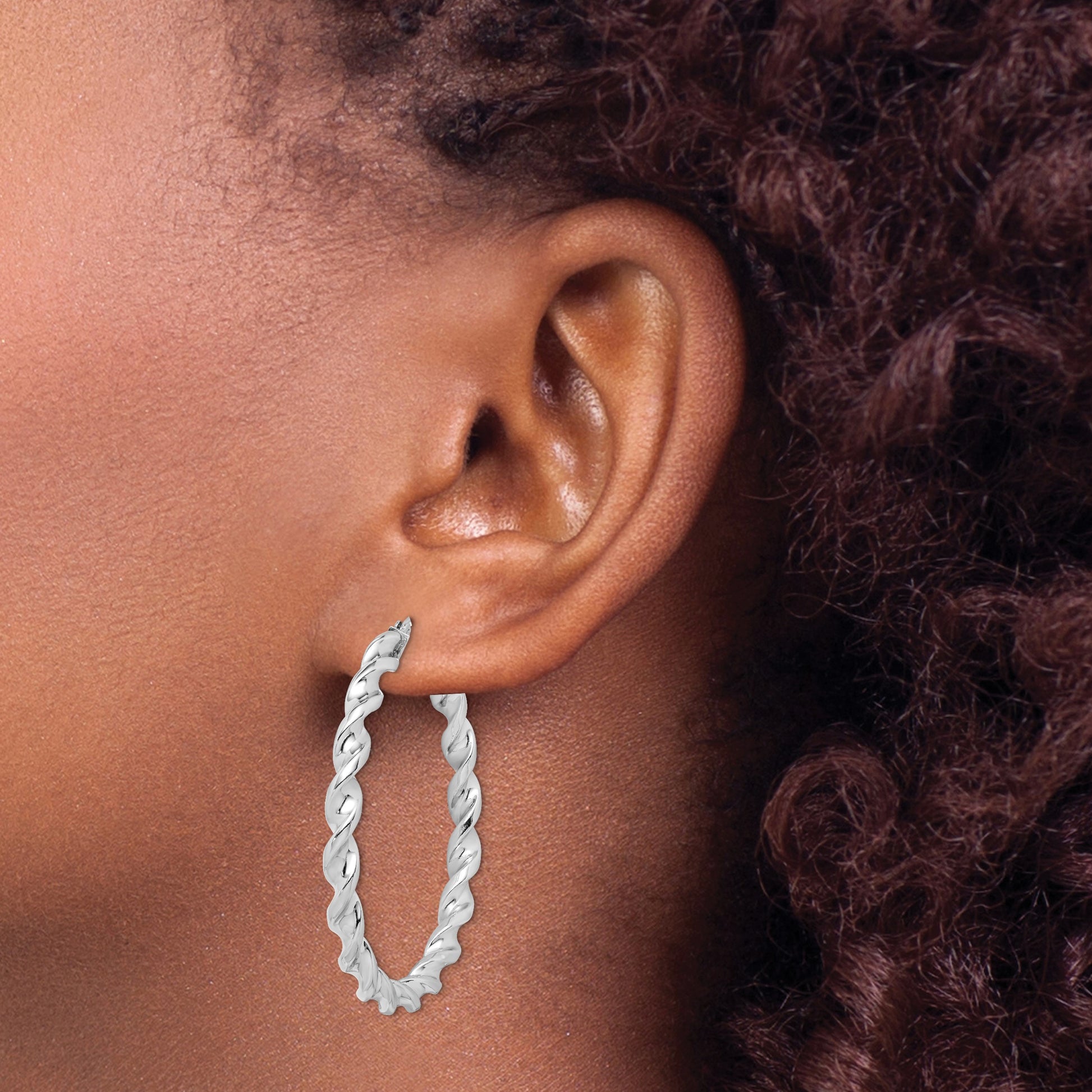 Sterling Silver Rhodium Plated Twisted 3.5x45mm Hoop Earrings