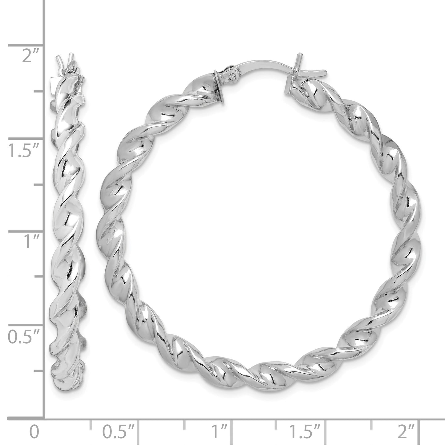 Sterling Silver Rhodium Plated Twisted 3.5x45mm Hoop Earrings