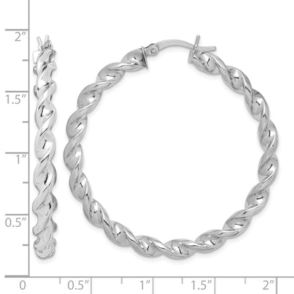 Sterling Silver Rhodium Plated Twisted 3.5x45mm Hoop Earrings