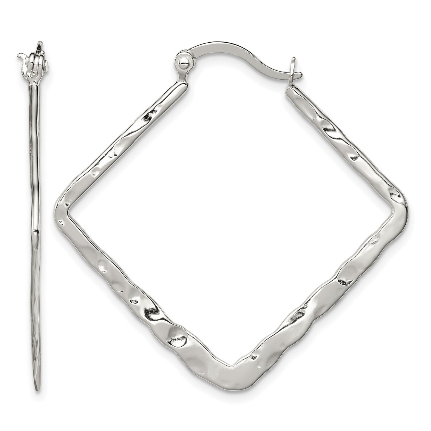 Sterling Silver Rhod-pltd Polished/Hammered Square Hoop Earrings