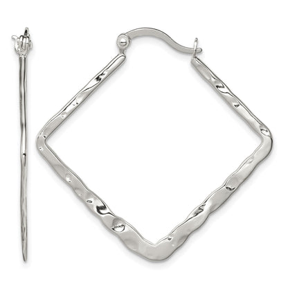 Sterling Silver Rhod-pltd Polished/Hammered Square Hoop Earrings