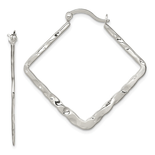 Sterling Silver Rhod-pltd Polished/Hammered Square Hoop Earrings