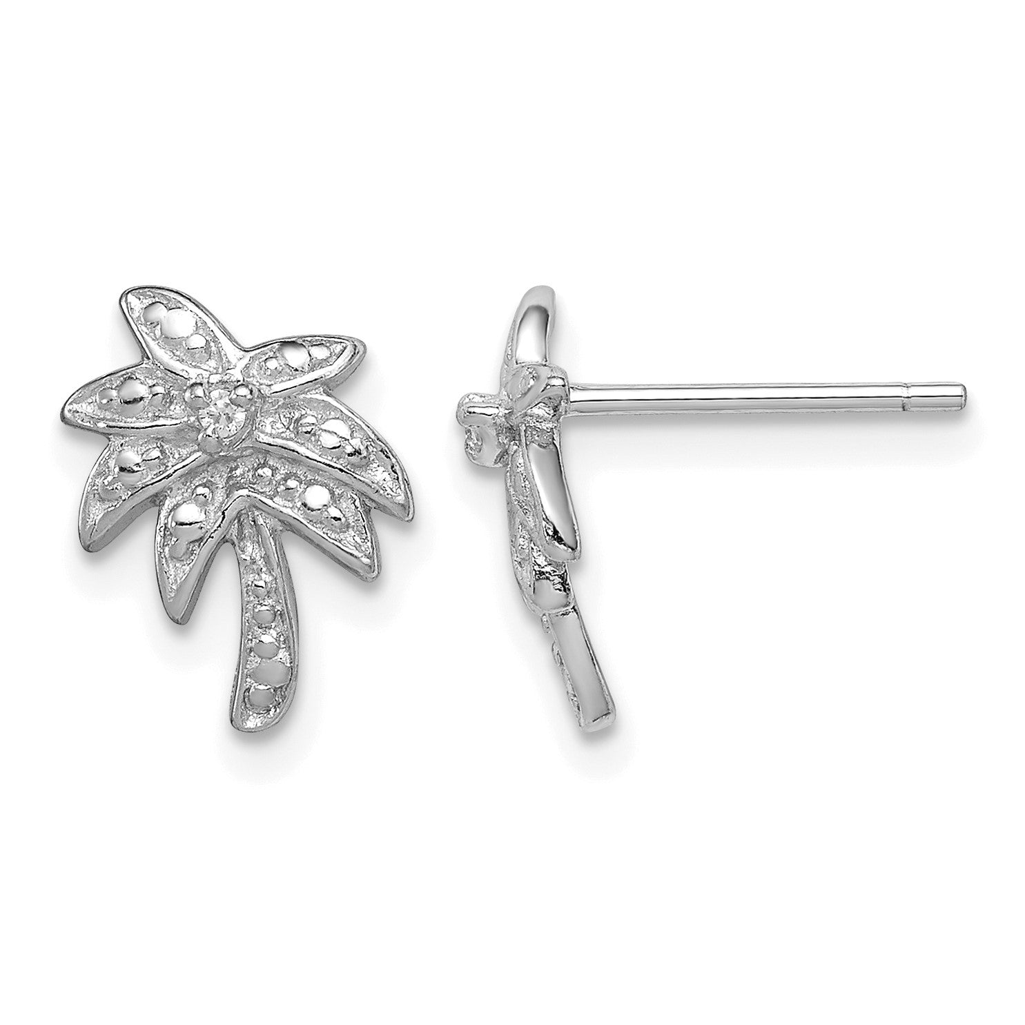 Sterling Silver Rhodium-plated CZ Palm Tree Post Earrings