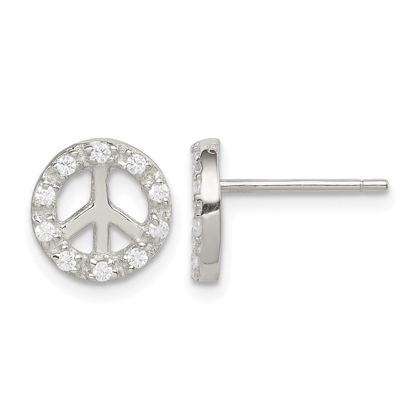 Sterling Silver Rhodium-plated Small CZ Peace Symbol Post Earrings