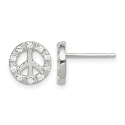Sterling Silver Rhodium-plated Small CZ Peace Symbol Post Earrings