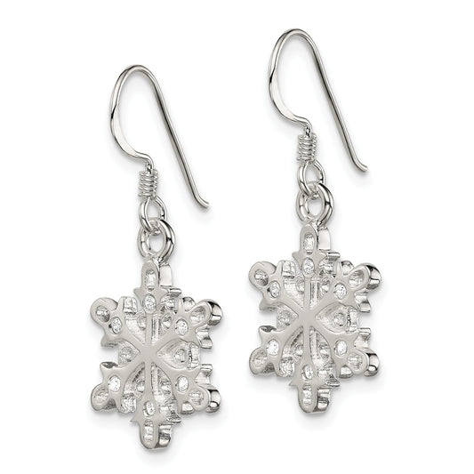 Sterling Silver Polished / Satin CZ Snowflake Dangle Earrings