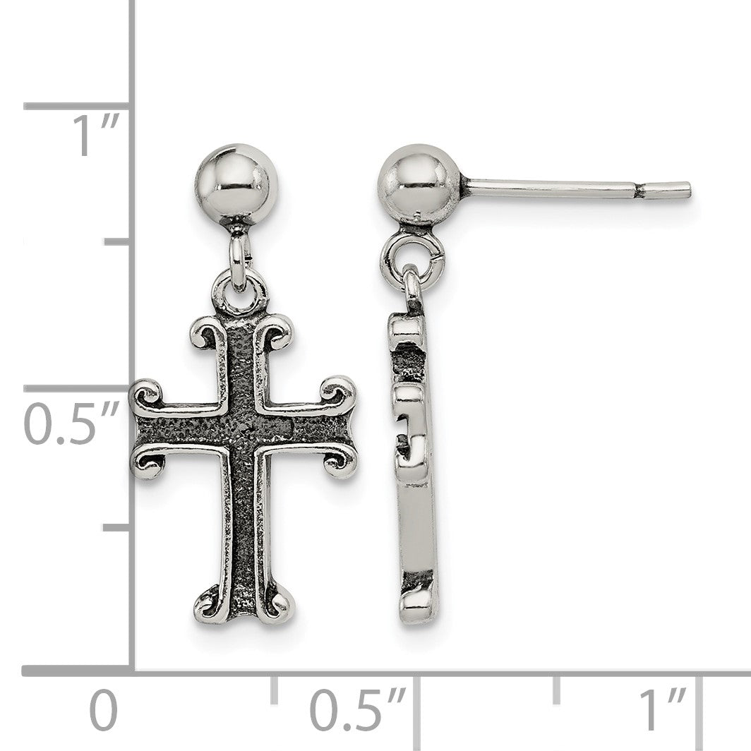 Sterling Silver Polished & Antiqued Cross Post Dangle Earrings