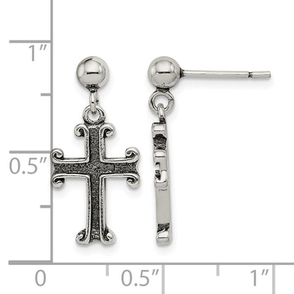 Sterling Silver Polished & Antiqued Cross Post Dangle Earrings