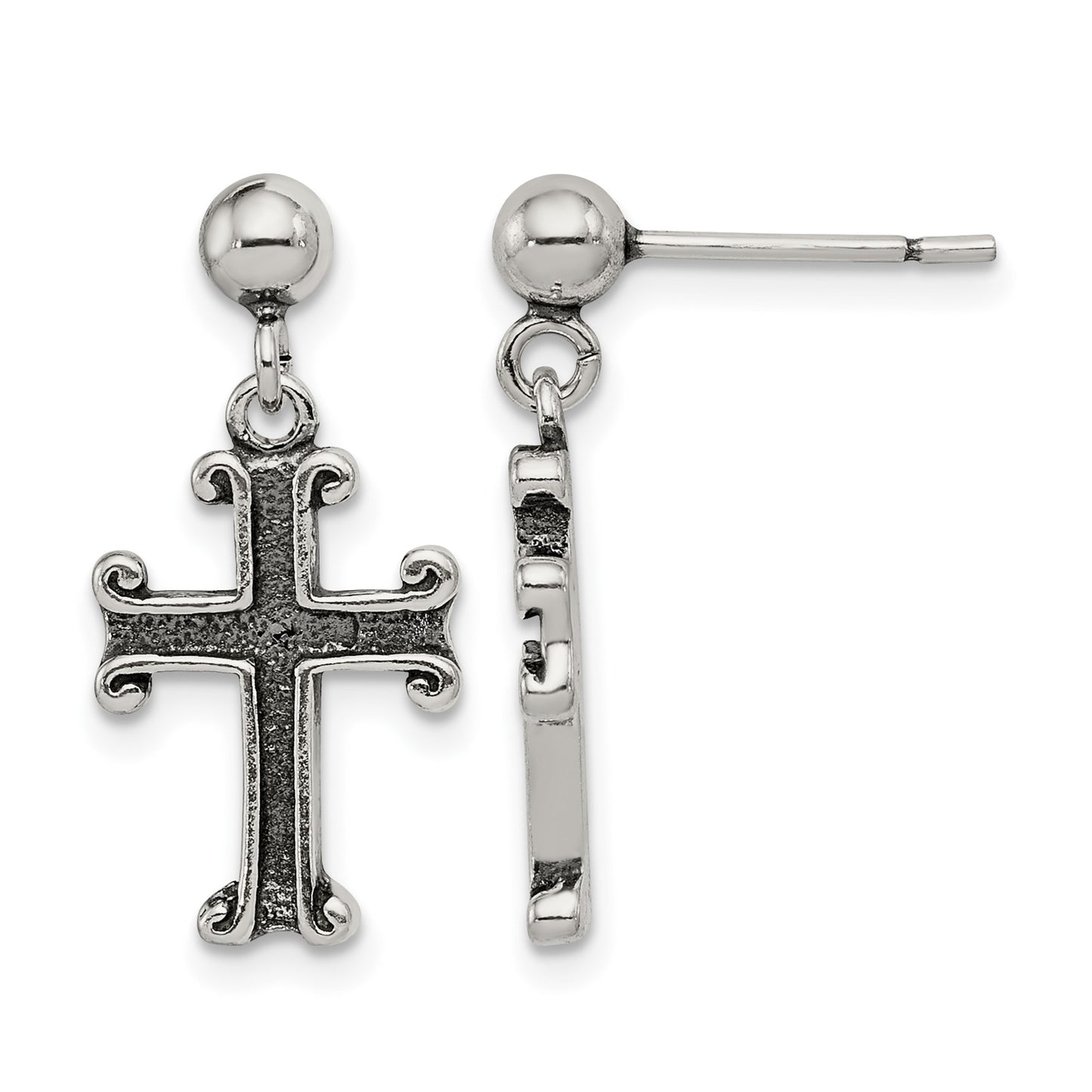 Sterling Silver Polished & Antiqued Cross Post Dangle Earrings