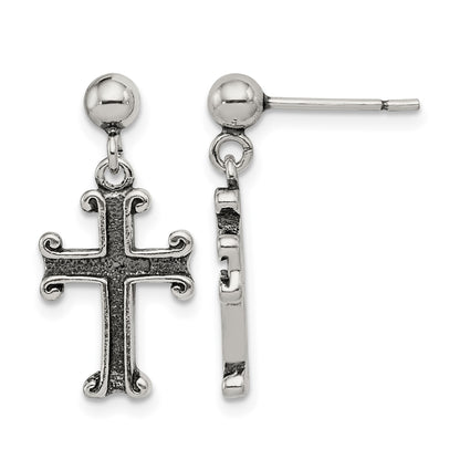 Sterling Silver Polished & Antiqued Cross Post Dangle Earrings