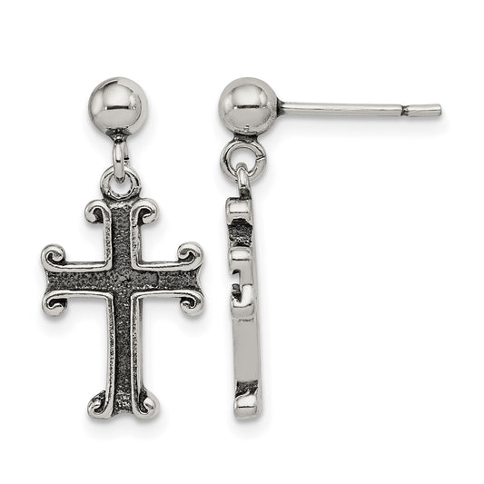 Sterling Silver Polished & Antiqued Cross Post Dangle Earrings