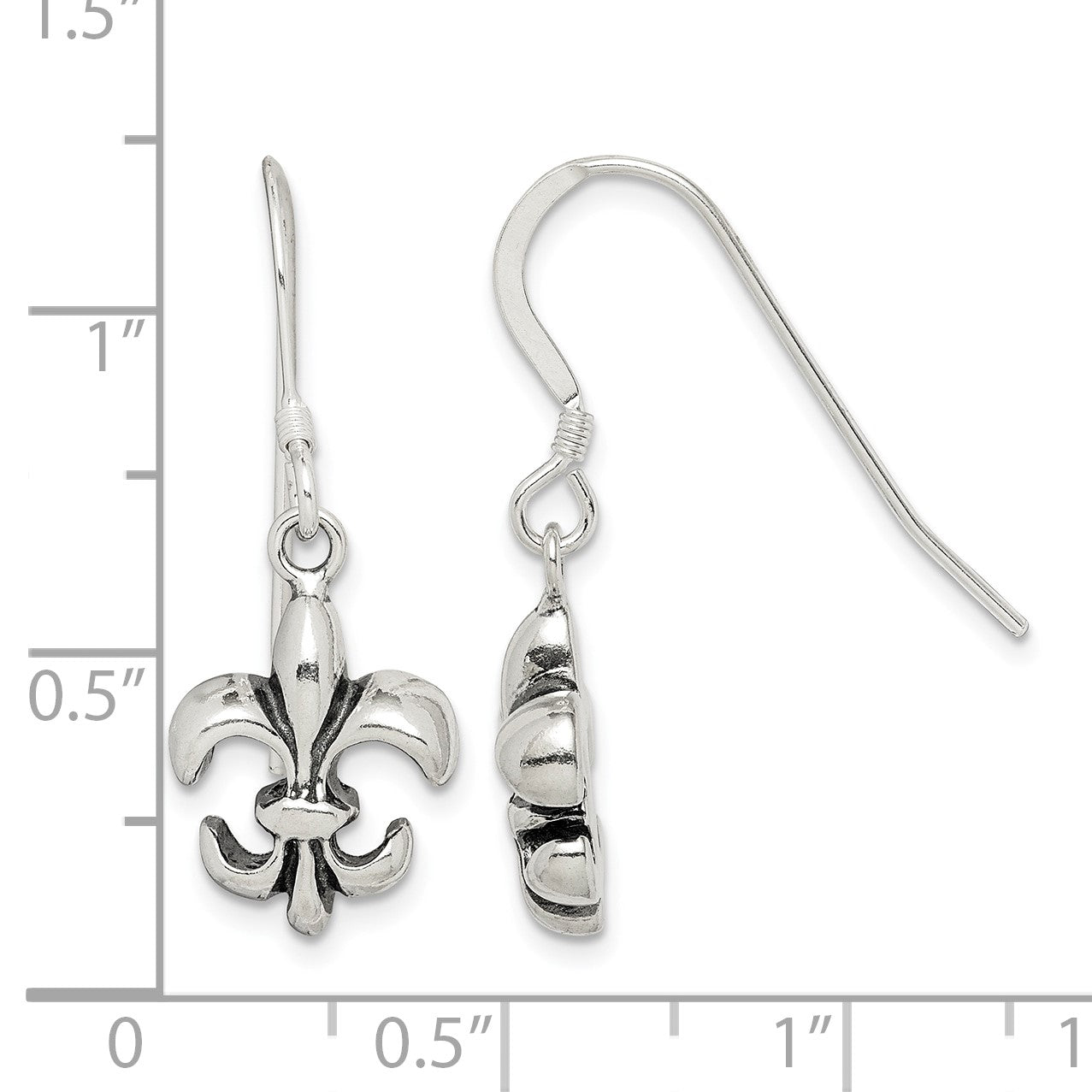 Sterling Silver Polished & Antiqued Fleur de Lis Dangle Earrings