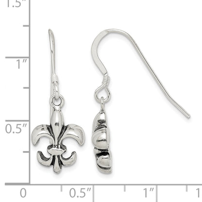 Sterling Silver Polished & Antiqued Fleur de Lis Dangle Earrings