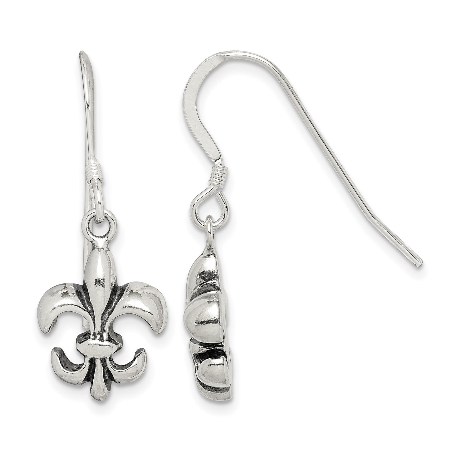 Sterling Silver Polished & Antiqued Fleur de Lis Dangle Earrings