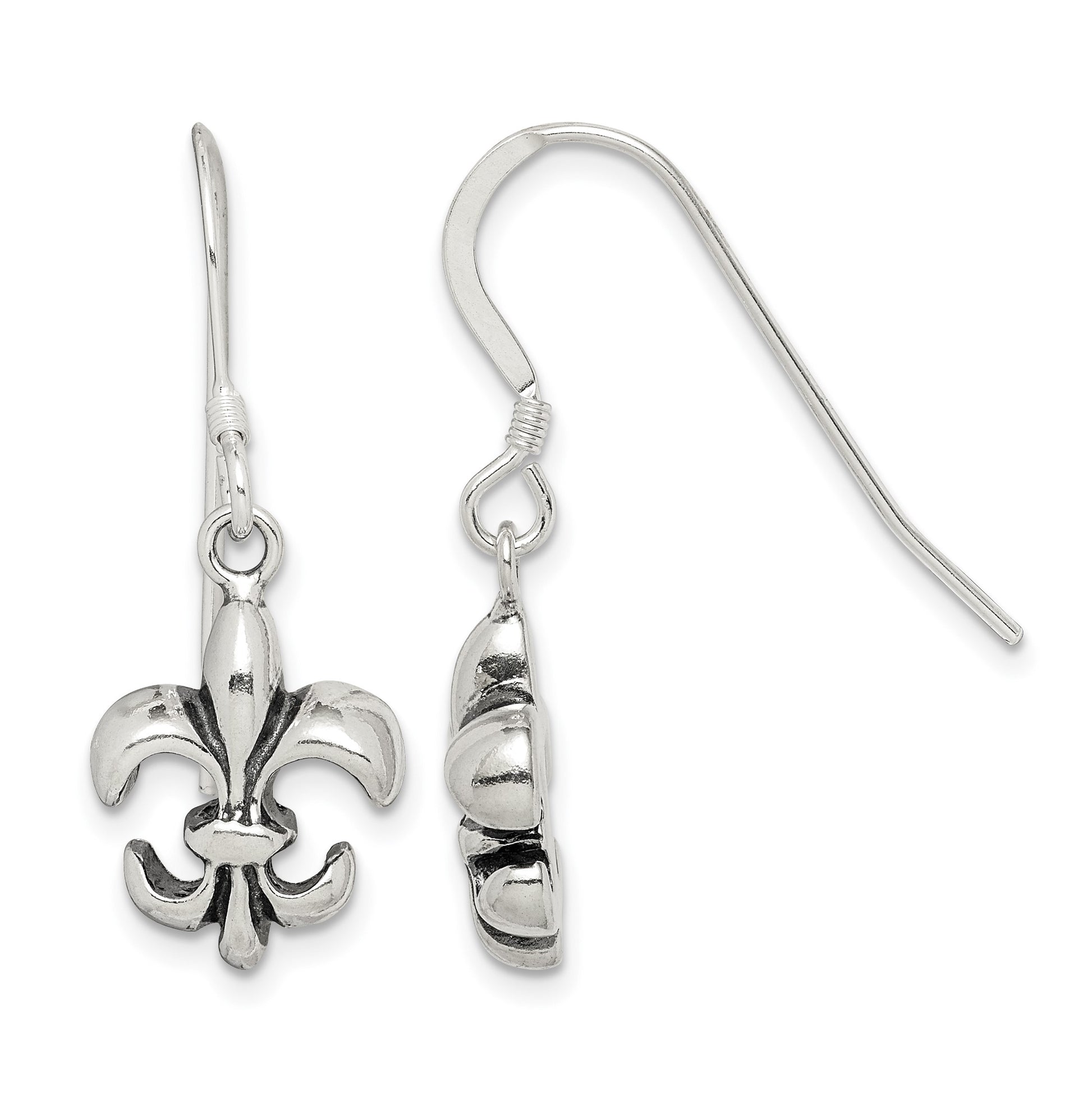 Sterling Silver Polished & Antiqued Fleur de Lis Dangle Earrings