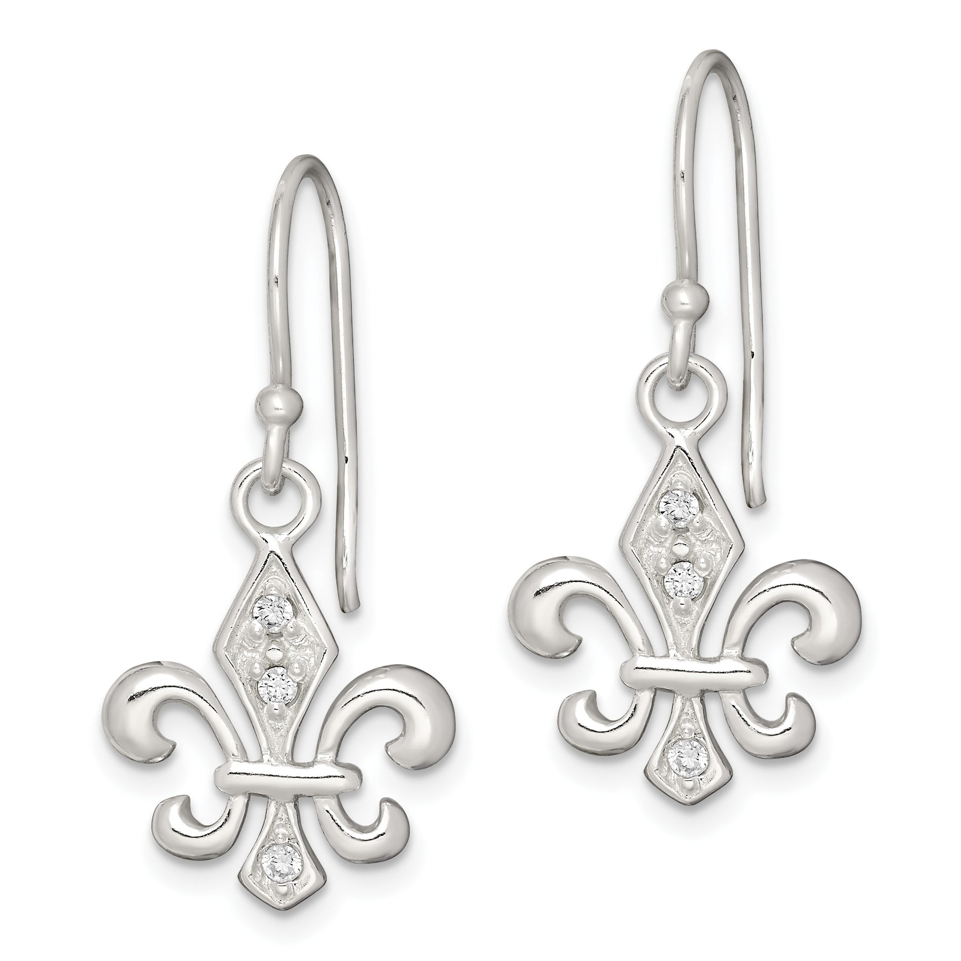 Sterling Silver Polished CZ Fleur de Lis Dangle Earrings