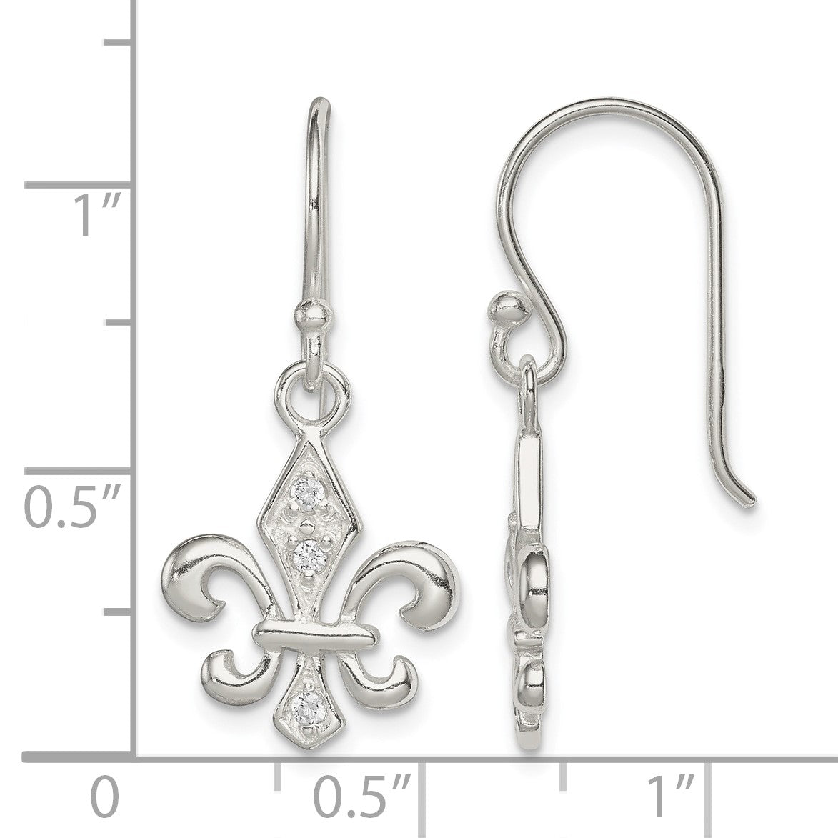 Sterling Silver Polished CZ Fleur de Lis Dangle Earrings