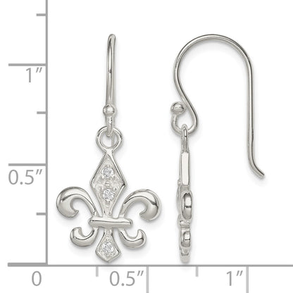 Sterling Silver Polished CZ Fleur de Lis Dangle Earrings