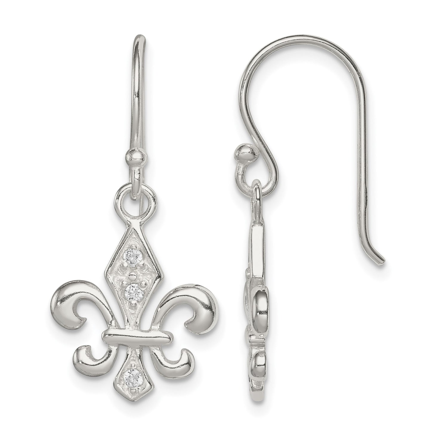 Sterling Silver Polished CZ Fleur de Lis Dangle Earrings