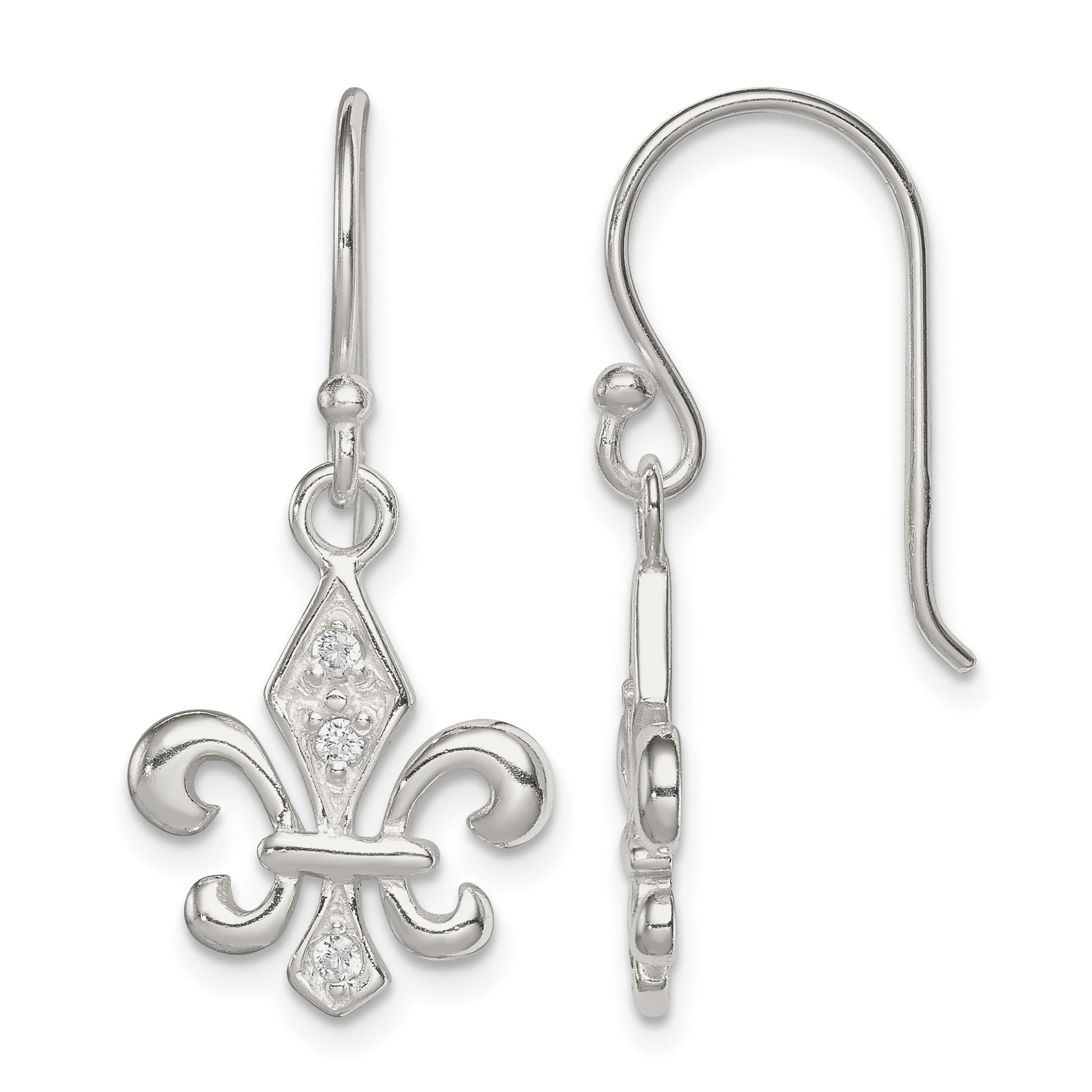 Sterling Silver Polished CZ Fleur de Lis Dangle Earrings