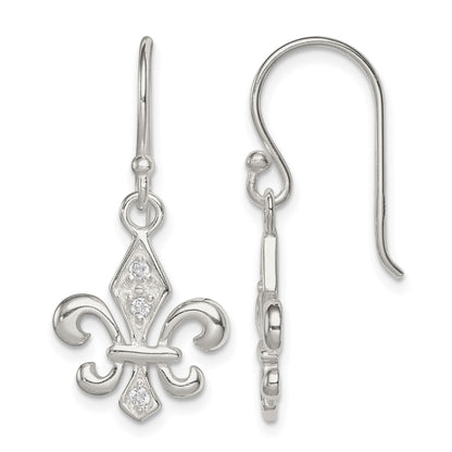 Sterling Silver Polished CZ Fleur de Lis Dangle Earrings