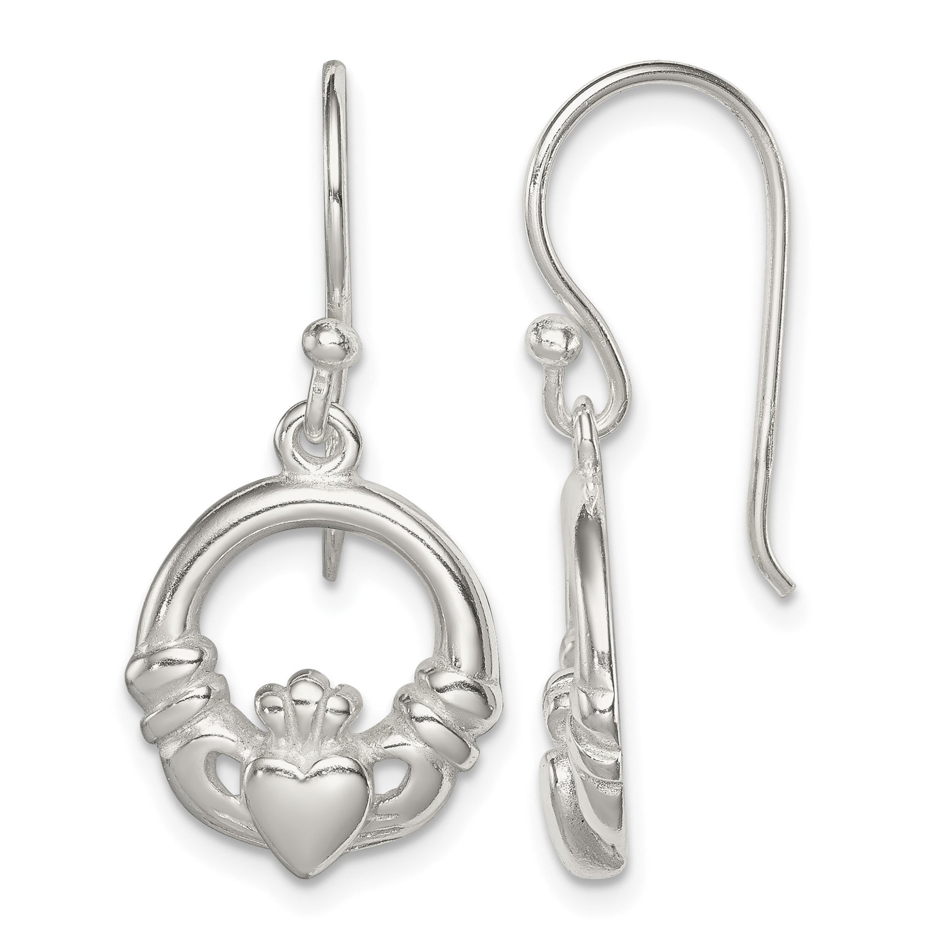 Sterling Silver Polished Claddagh Dangle Earrings