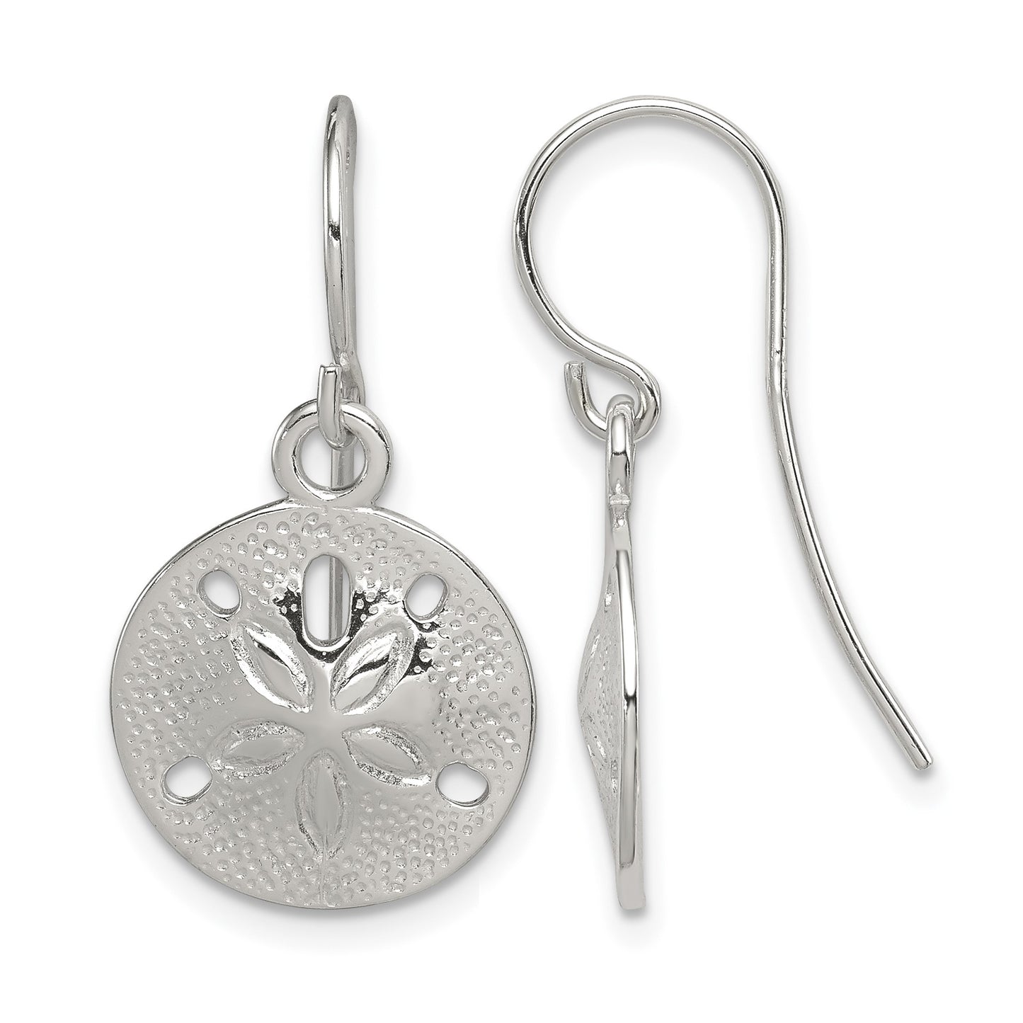 Sterling Silver Polished and Textured Sand Dollar Dangle Earrings