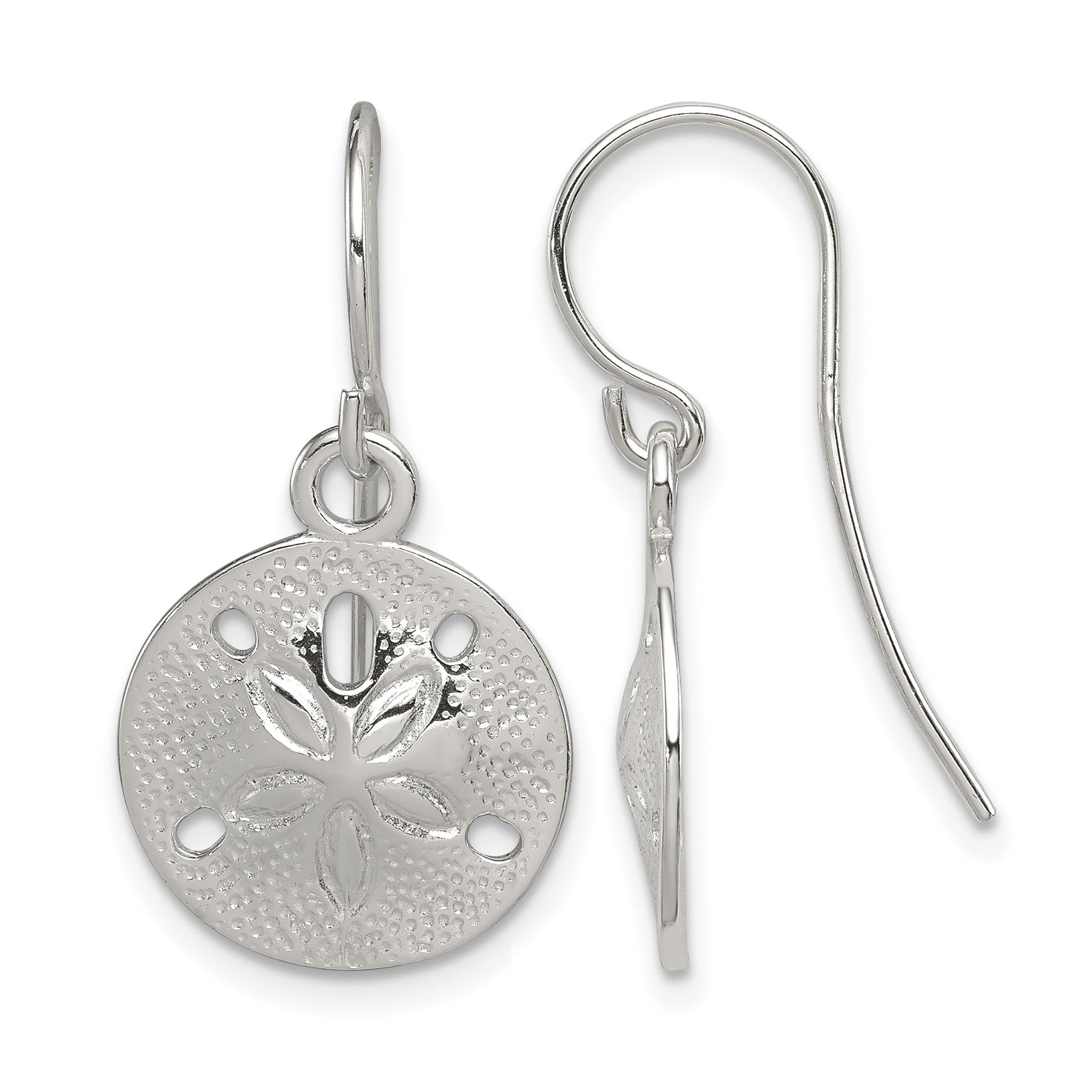 Sterling Silver Polished and Textured Sand Dollar Dangle Earrings