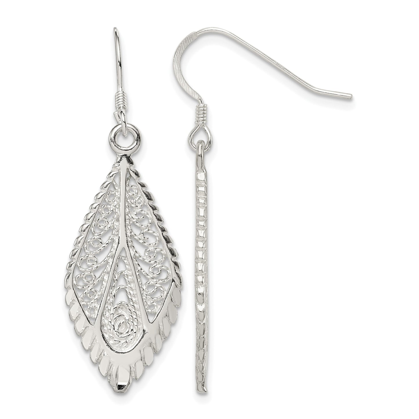 Sterling Silver Polished & D/C Fancy Filigree Teardrop Dangle Earrings