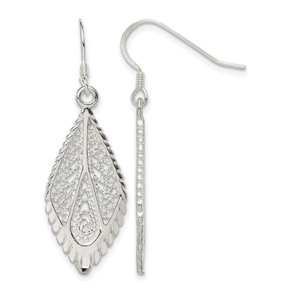 Sterling Silver Polished & D/C Fancy Filigree Teardrop Dangle Earrings