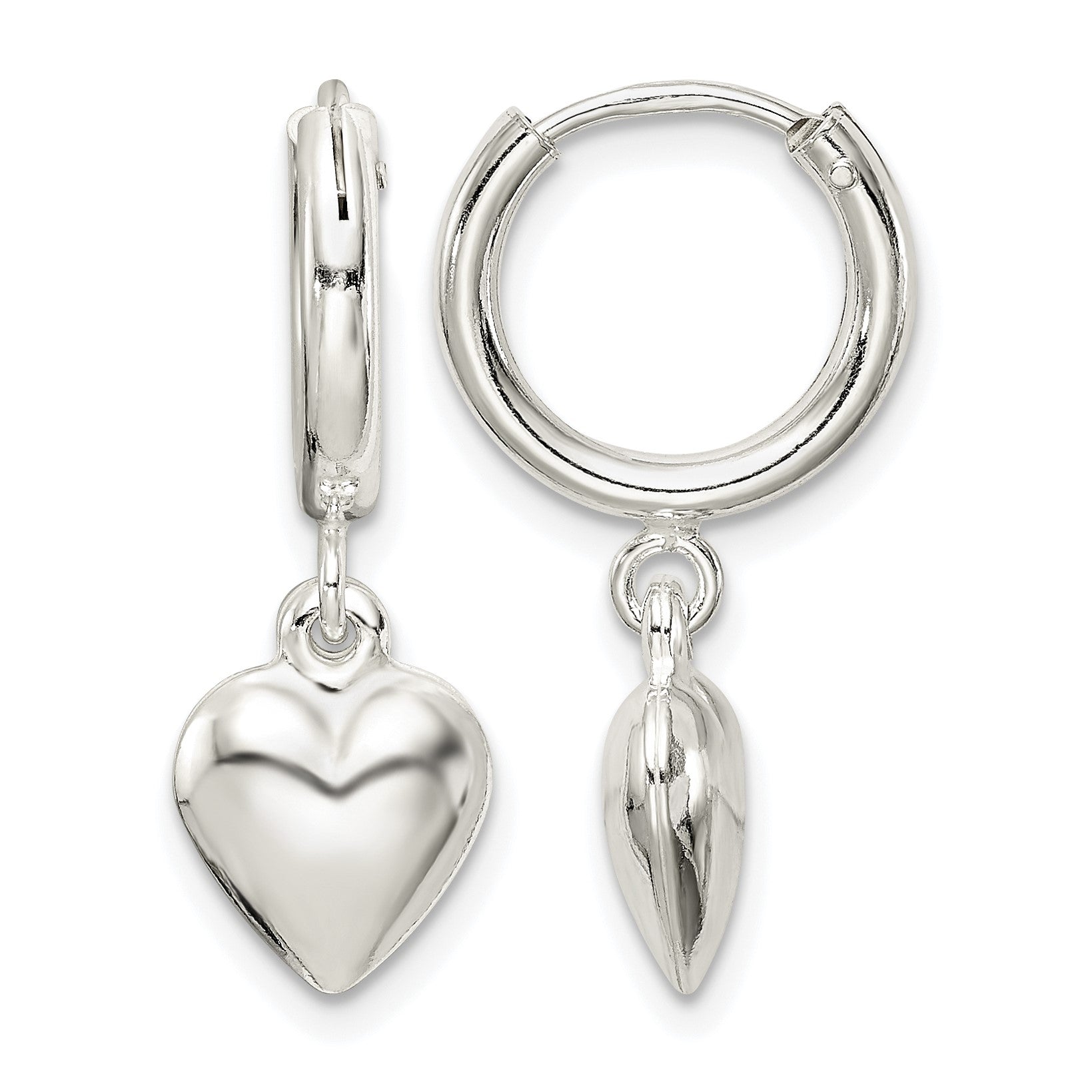 Sterling Silver Polished Puff Heart Dangle Hoop Earrings