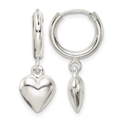 Sterling Silver Polished Puff Heart Dangle Hoop Earrings