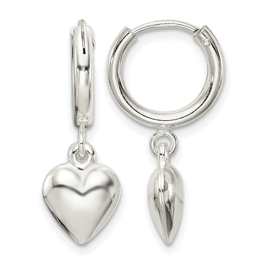 Sterling Silver Polished Puff Heart Dangle Hoop Earrings