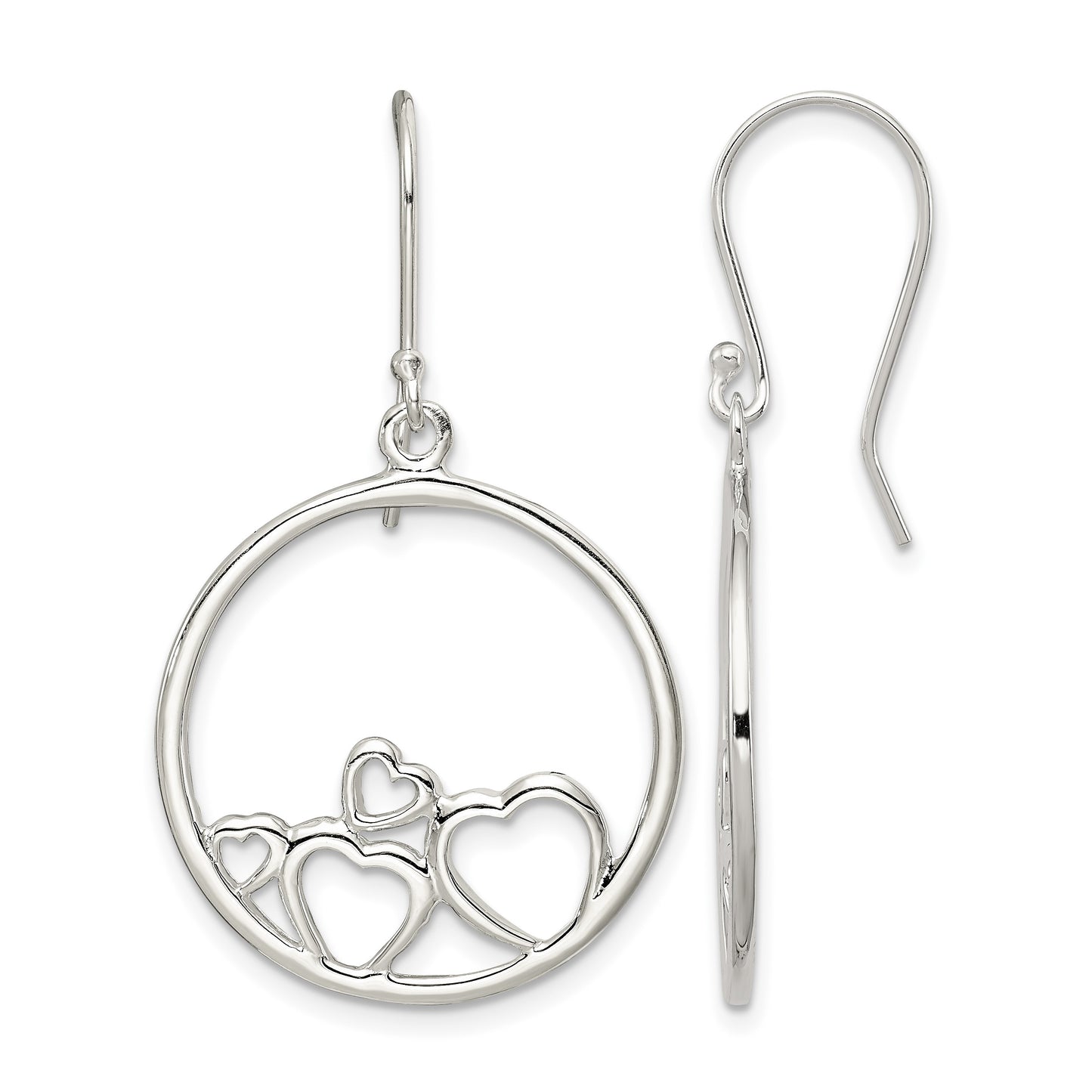 Sterling Silver Rhodium-plated Polished Open Hearts Circle Dangle Earrings