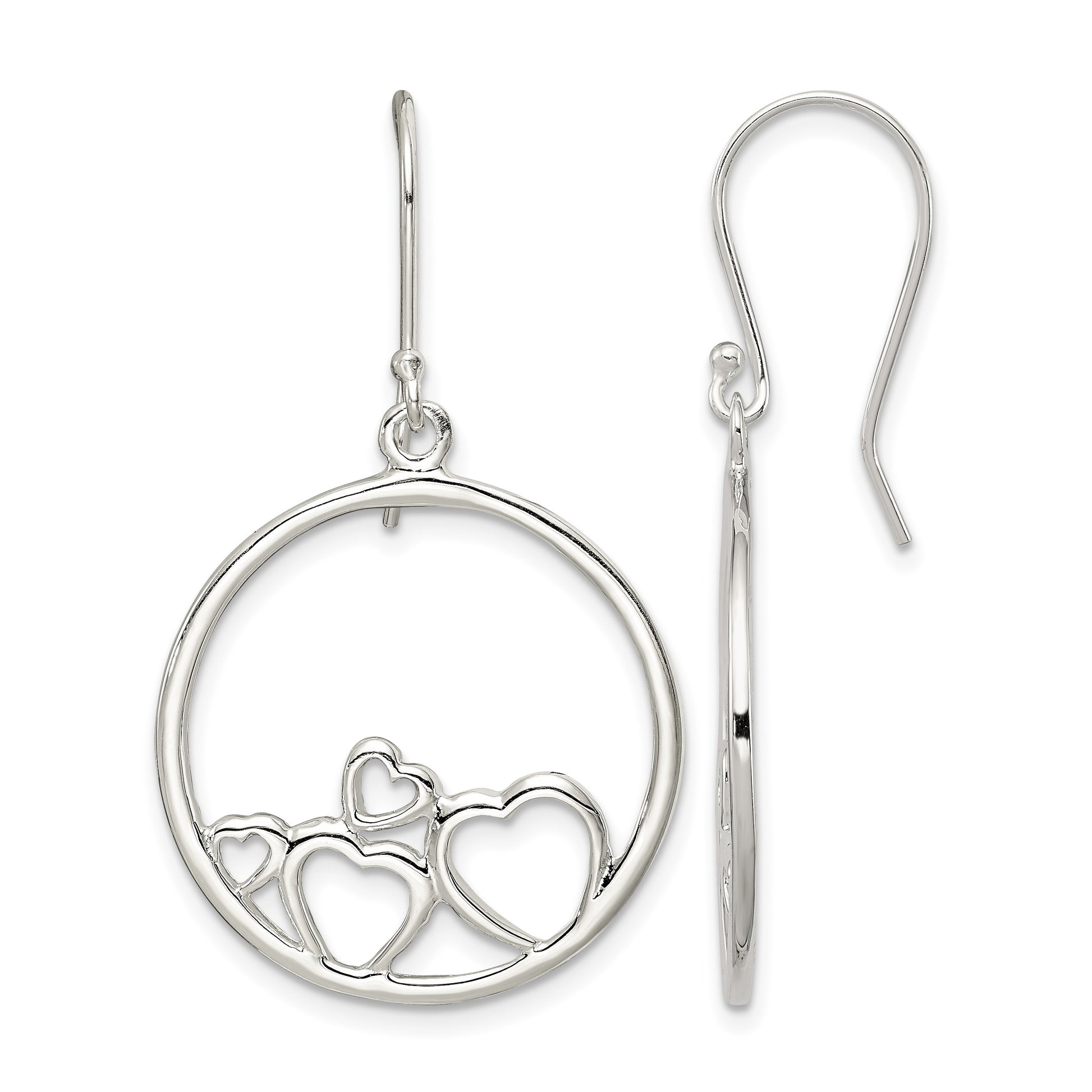 Sterling Silver Rhodium-plated Polished Open Hearts Circle Dangle Earrings