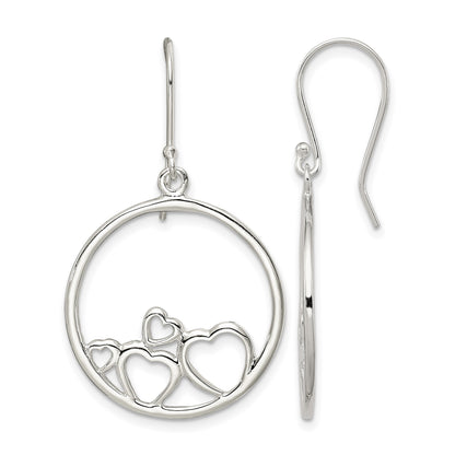 Sterling Silver Rhodium-plated Polished Open Hearts Circle Dangle Earrings