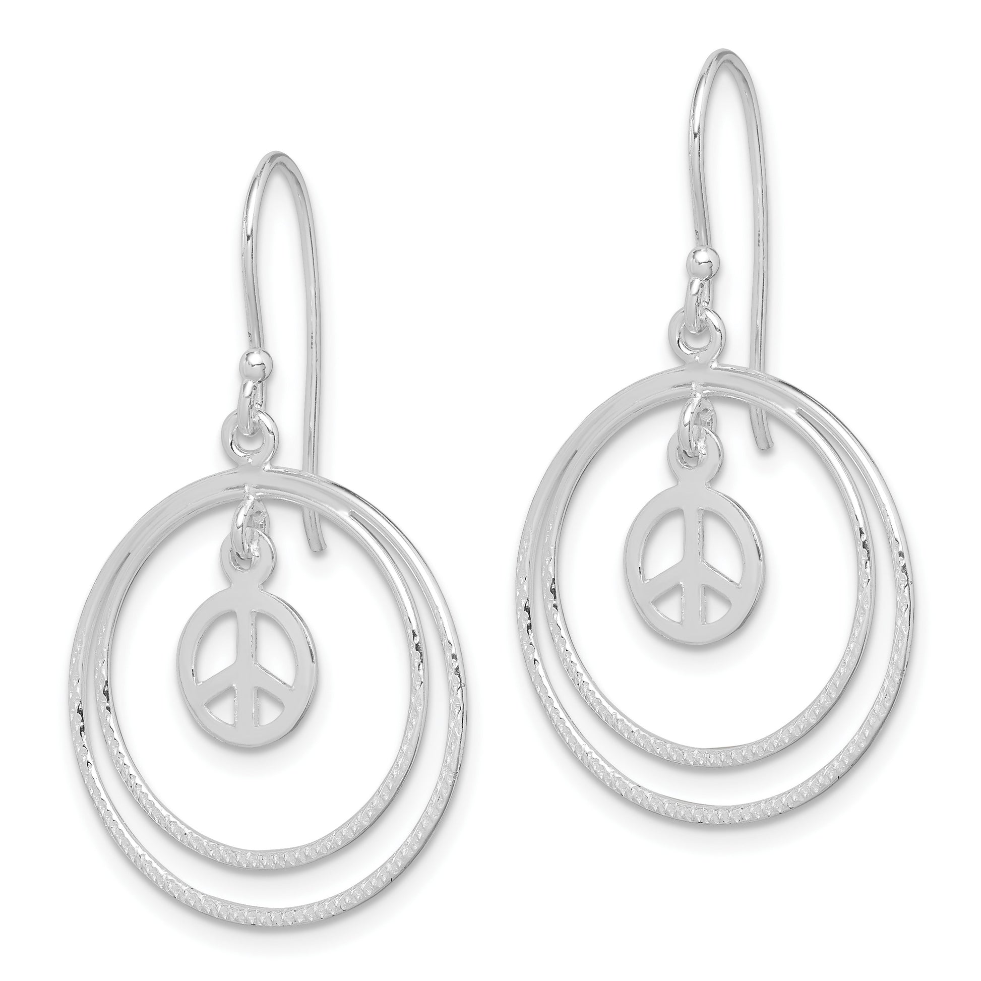 Sterling Silver Rhodium-plated Circles w/Peace Symbol Dangle Earrings