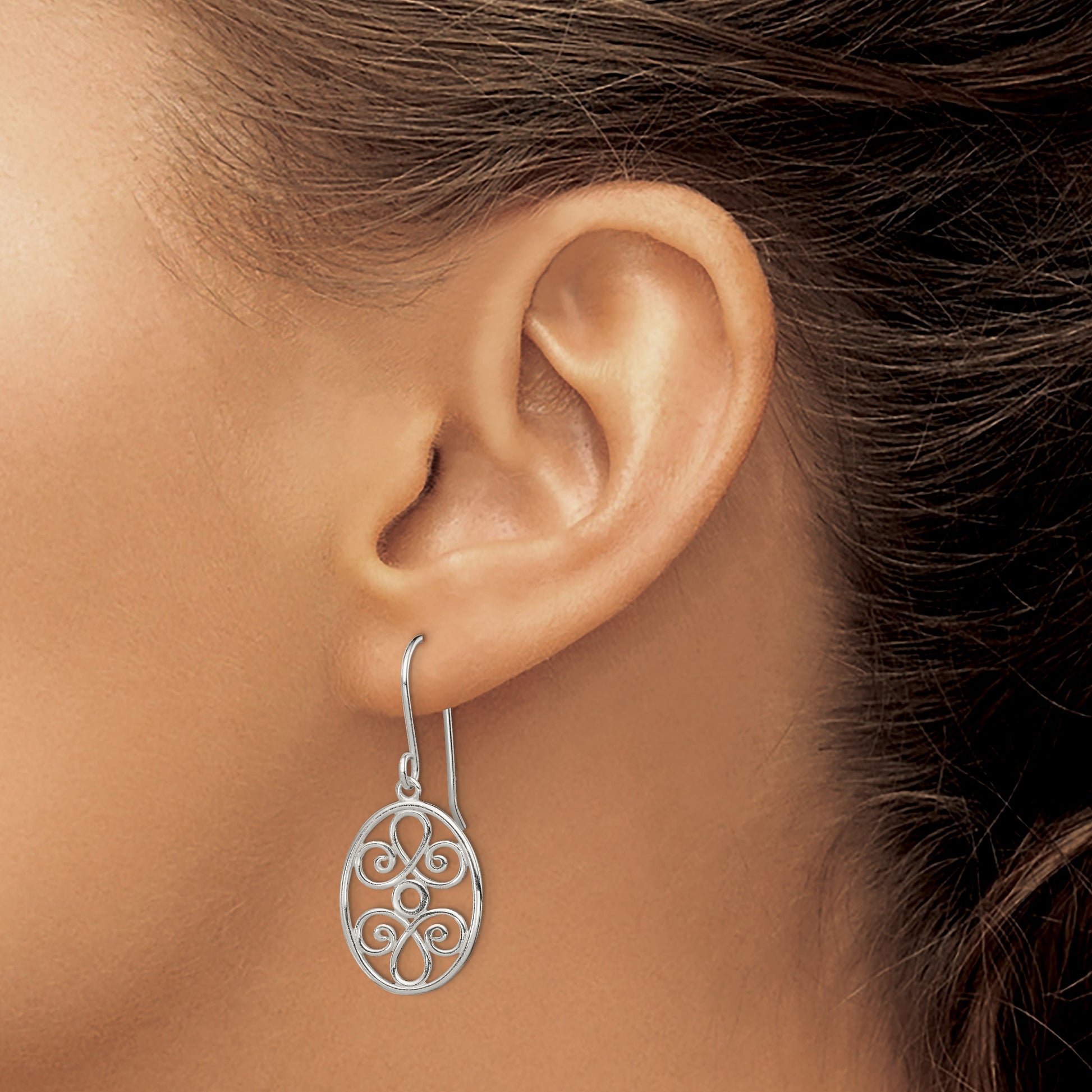 Sterling Silver Polished Filigree Oval Dangle Earrings