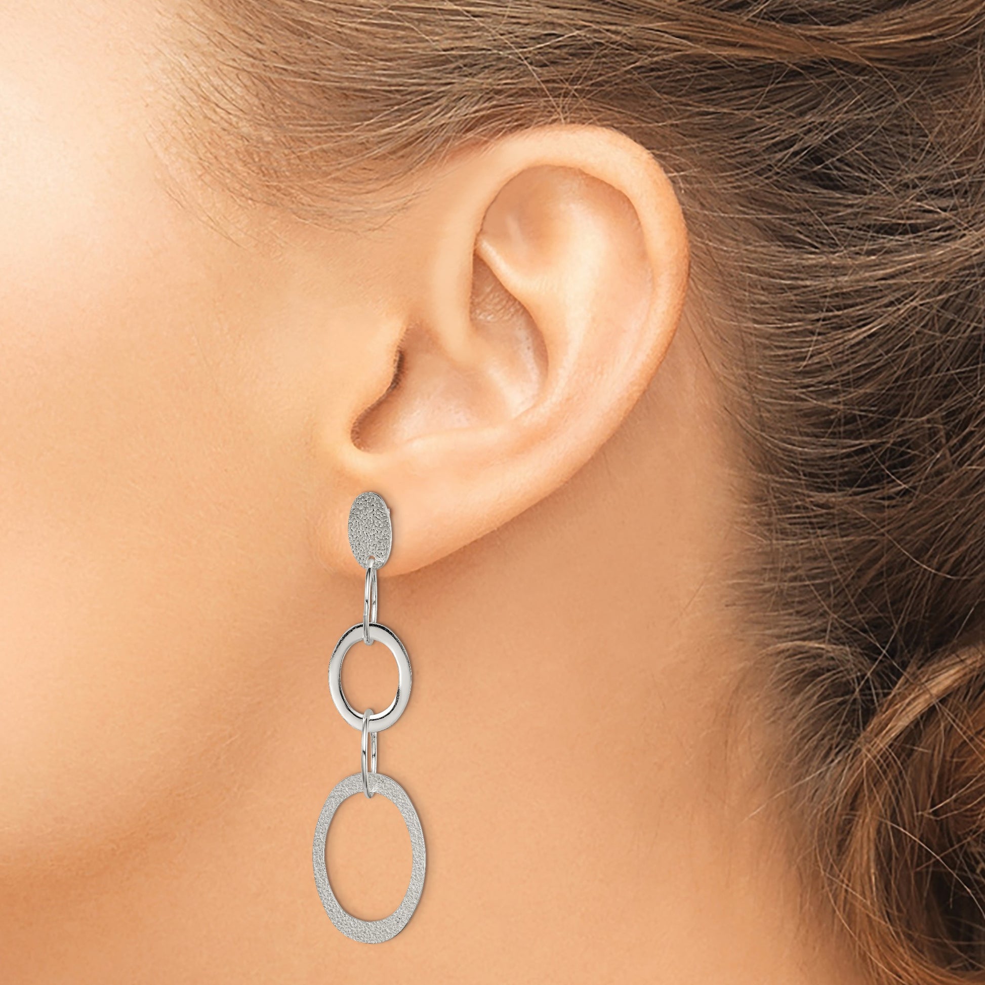 Sterling Silver Polished & Textured Circle & Oval Links Post Dangle Earring