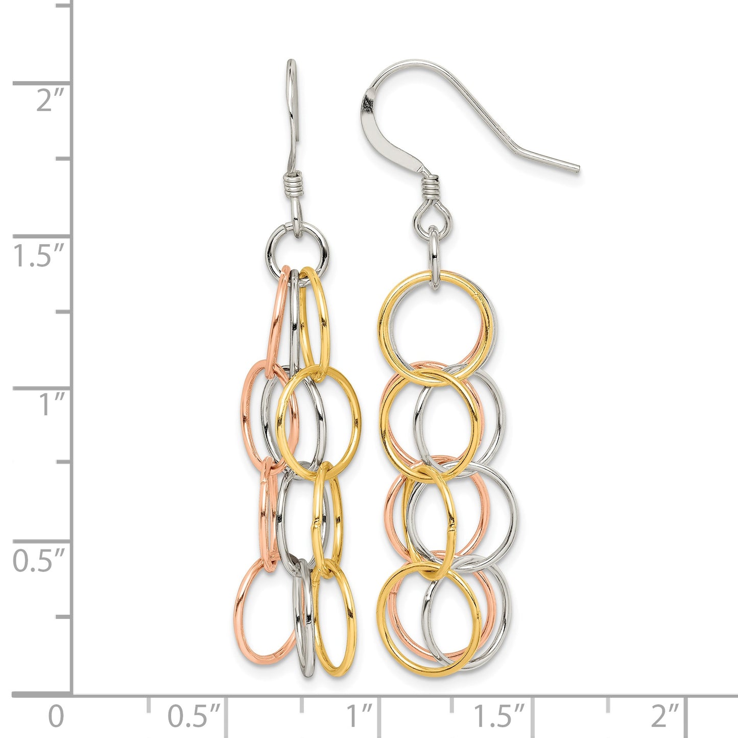 Sterling Silver w/ Tri-color Vermeil Polished Circle Link Dangle Earrings