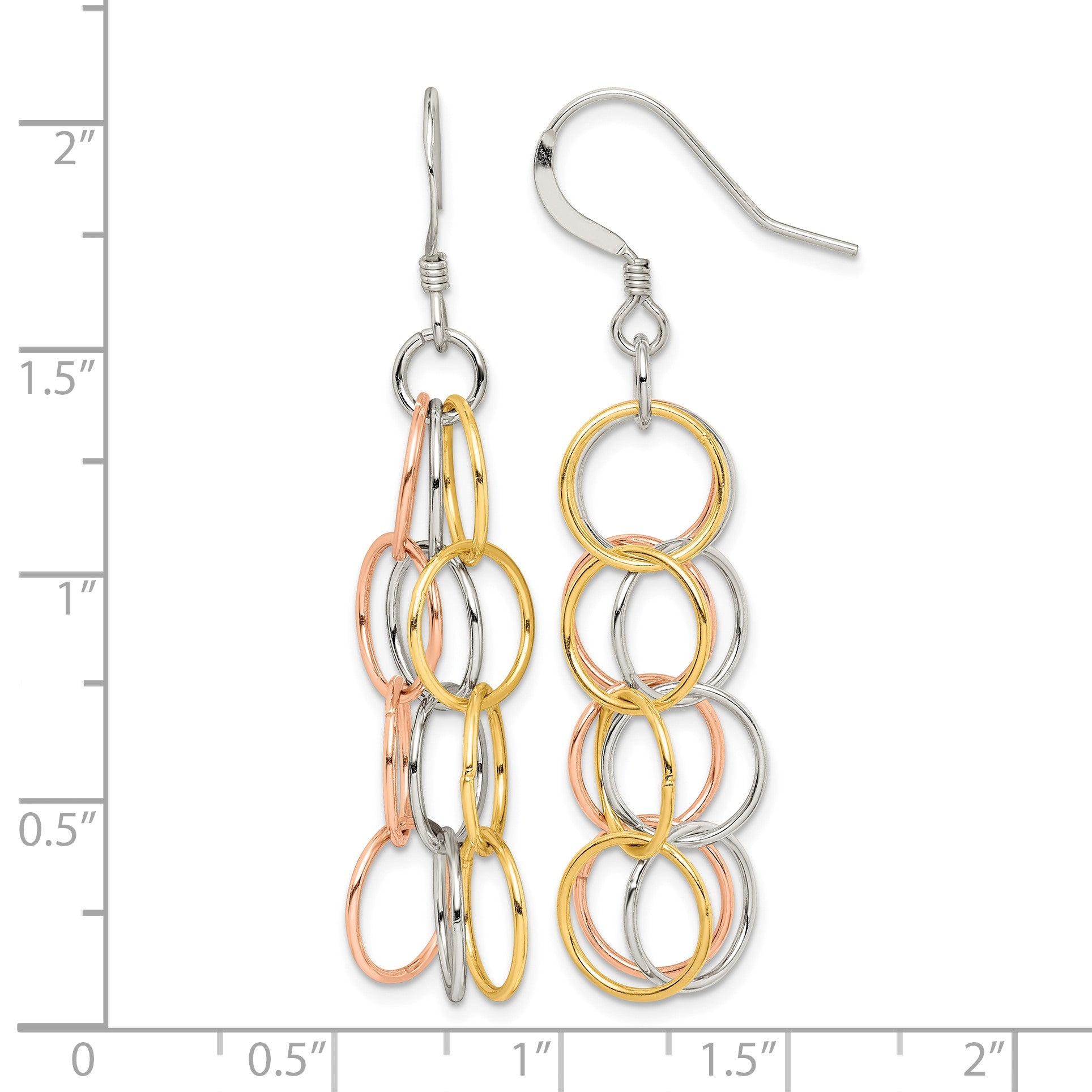 Sterling Silver w/ Tri-color Vermeil Polished Circle Link Dangle Earrings
