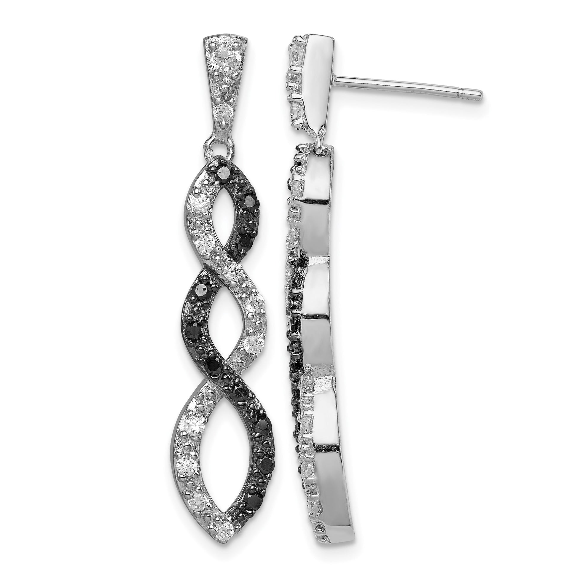 Sterling Silver Rhod-plated Black & White CZ Twist Post Dangle Earrings